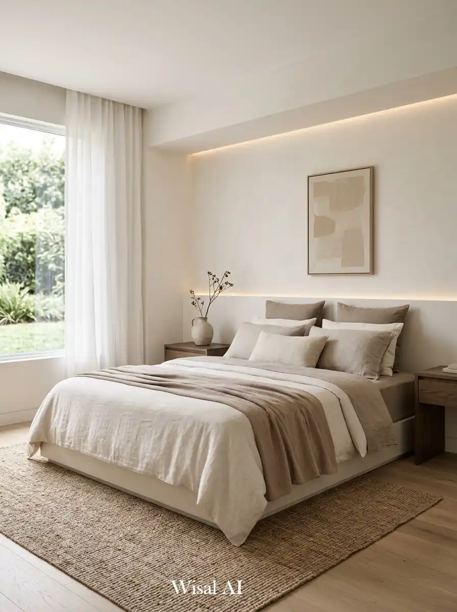 30. Minimal Luxury Beige & White Layered Bedroom