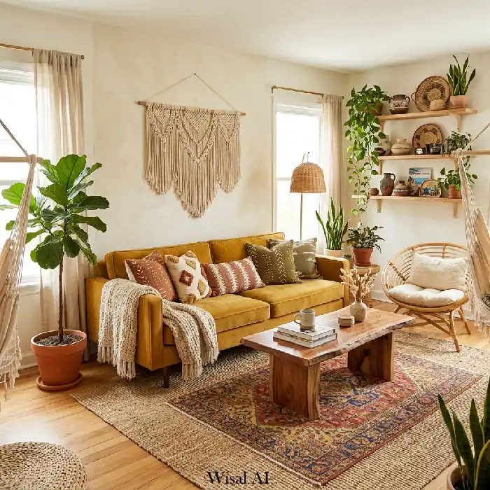 Boho mustard yellow living room with woven textures, earthy tones, and layered textiles