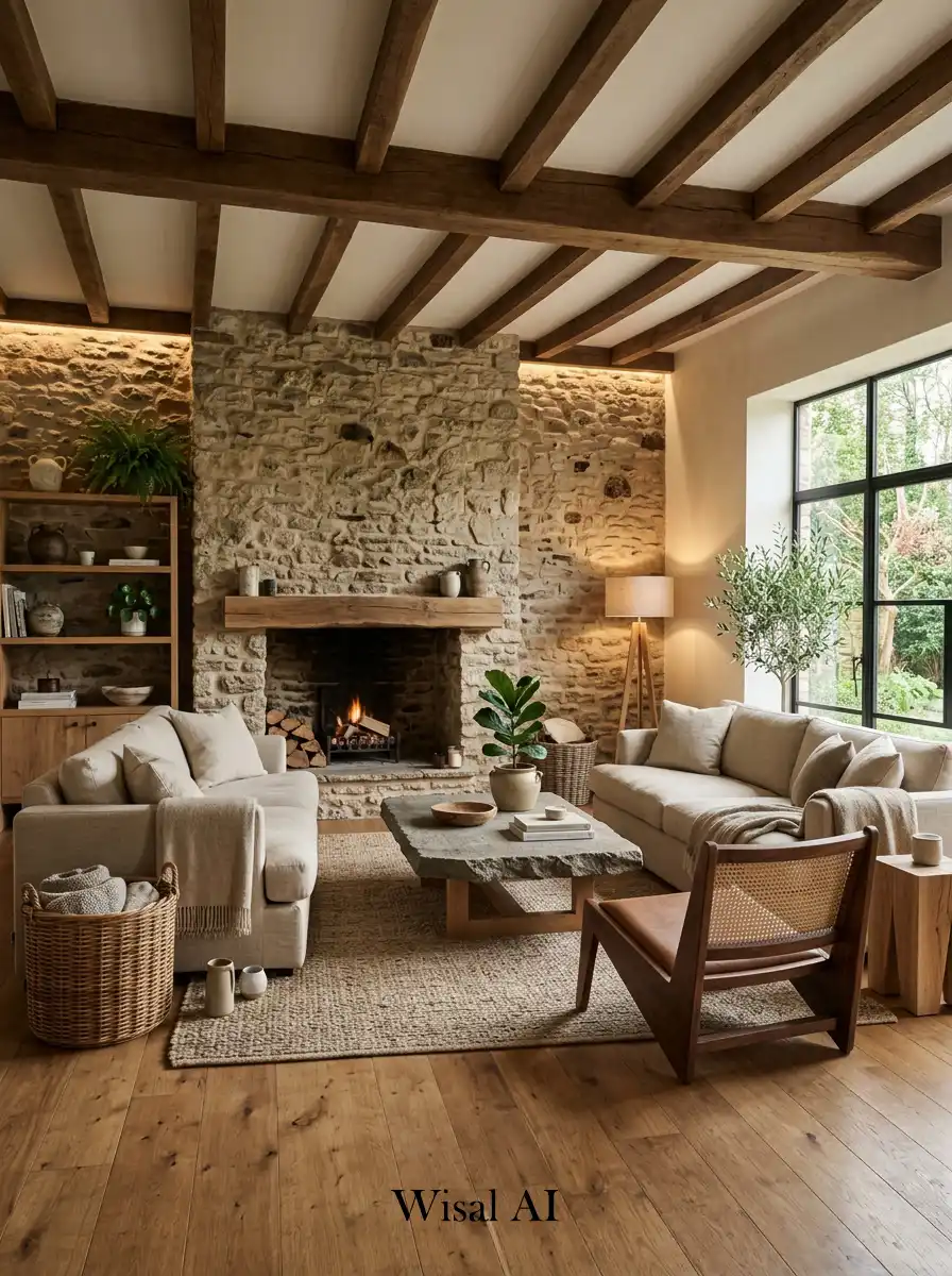 5. Stone and Wood Balance Living Room Idea