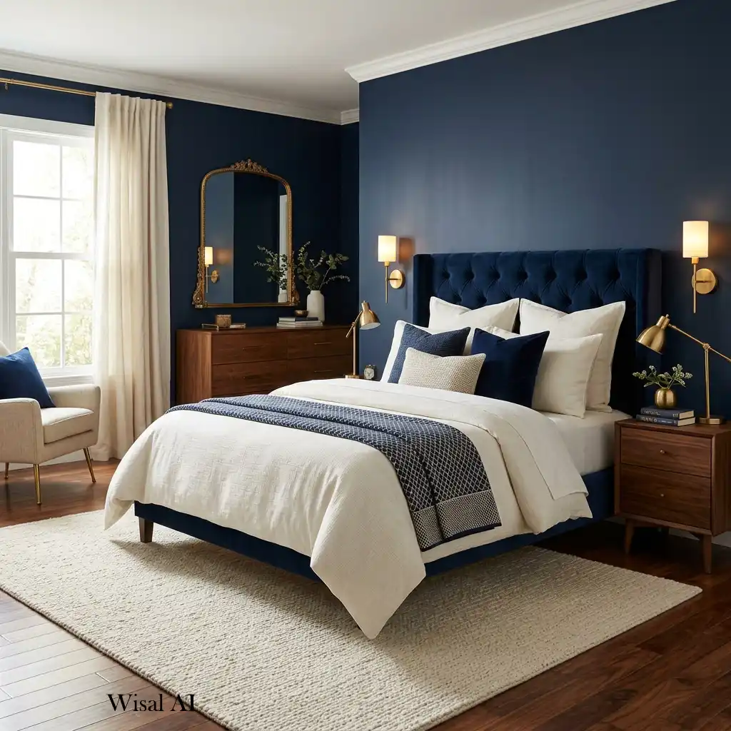 Luxury bedroom featuring navy blue accents with elegant ivory walls and bedding.
