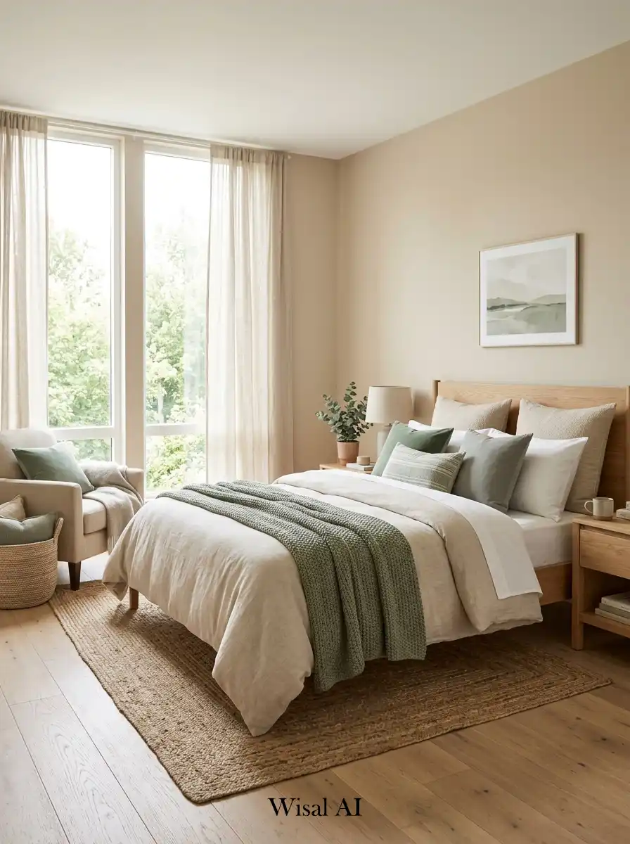 Peaceful bedroom design using sage green accents and beige neutral tones creating a natural calming and balanced interior environment.