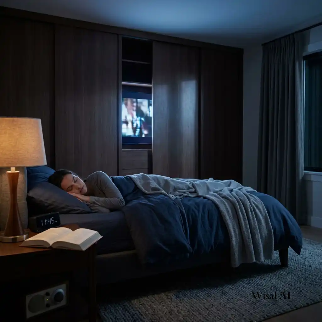 Bedroom without a television creating a peaceful sleep environment.