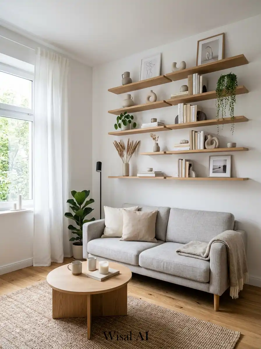 5. Floating Shelves Scandinavian Living Room