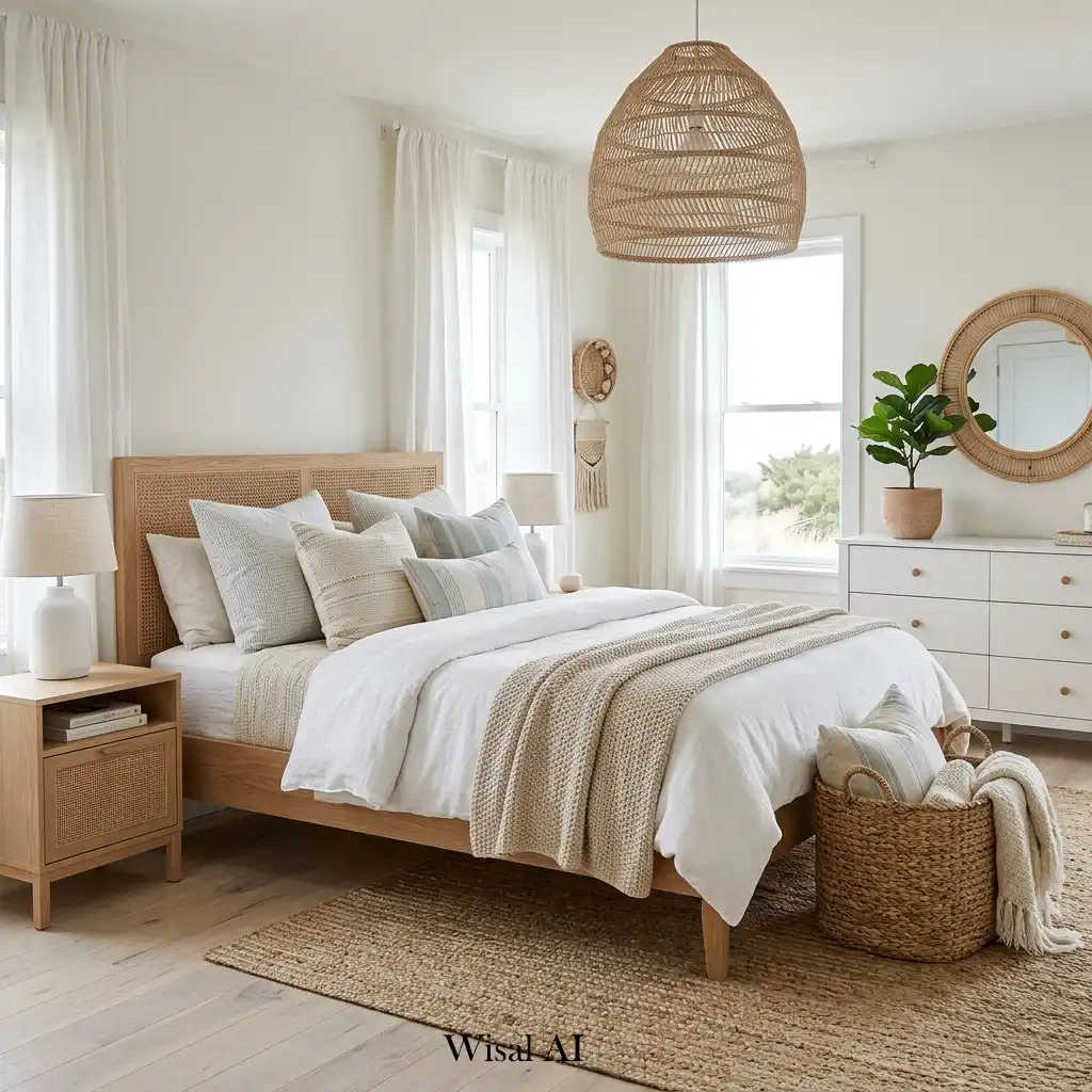 Beach house bedroom decorated with woven rattan and natural fiber accents.