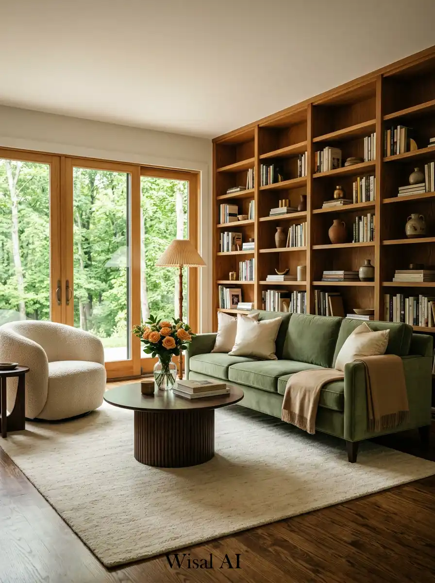 15. Sophisticated Library Vibe with a Cozy Sage Boho Living Room