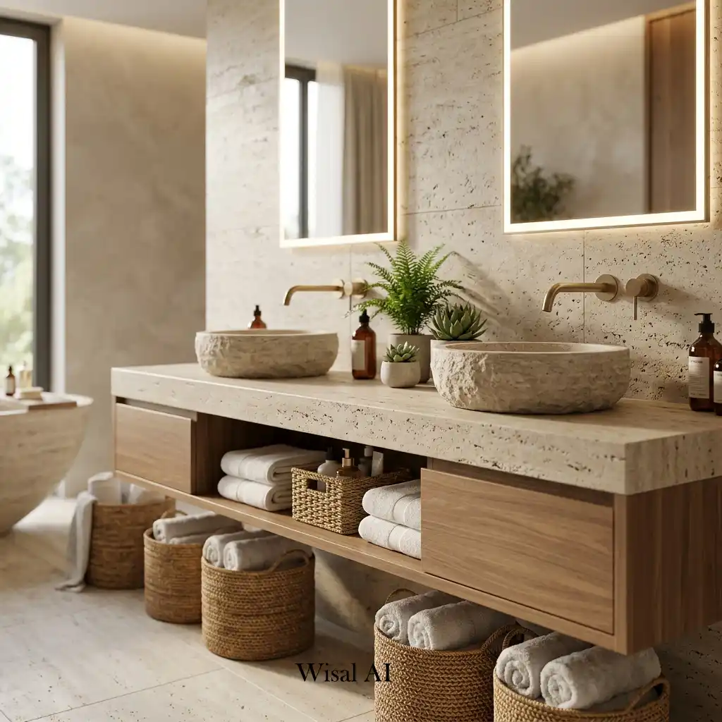 Natural stone bathroom vanity with a vessel sink and warm wood cabinetry.