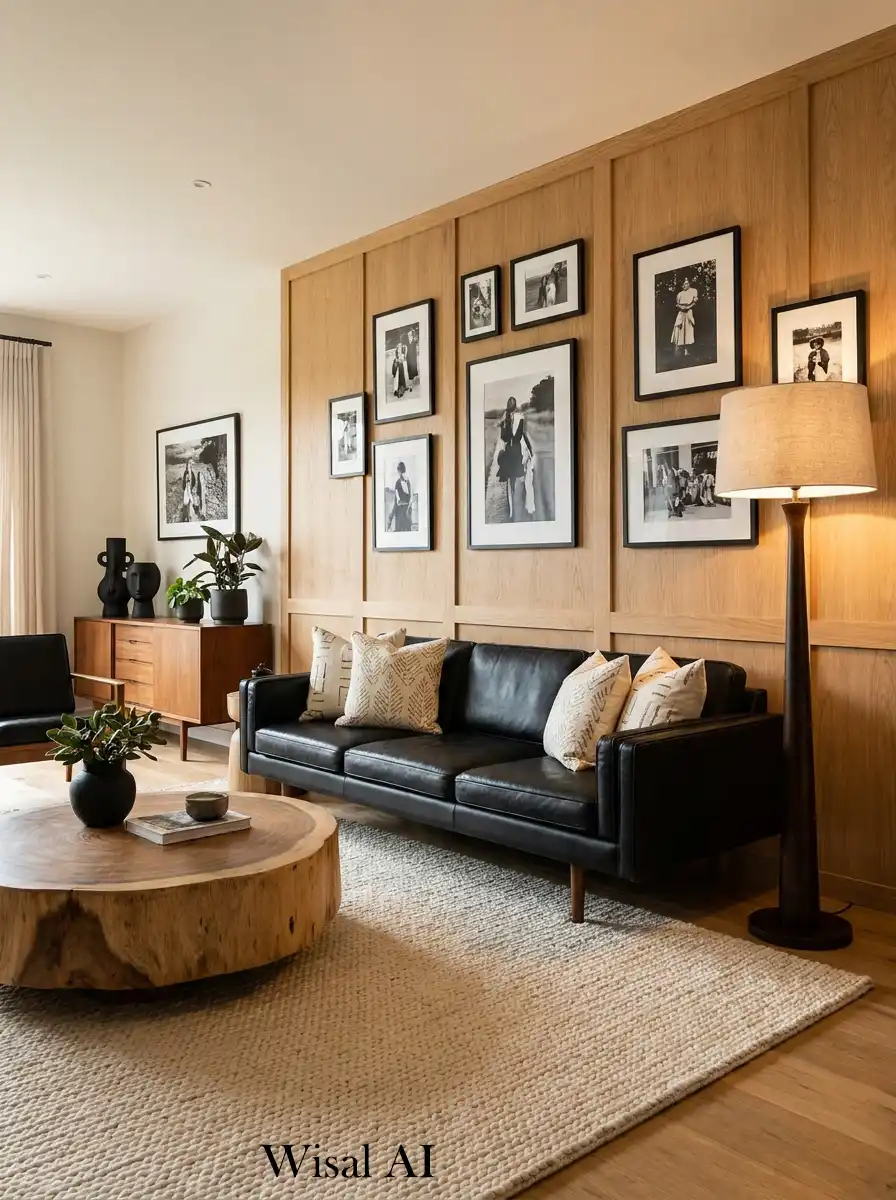15. The Curated Gallery: Black and Wood Living Room