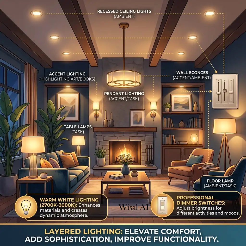 Layered lighting with pendant lights, sconces, and table lamps in a sophisticated living room.