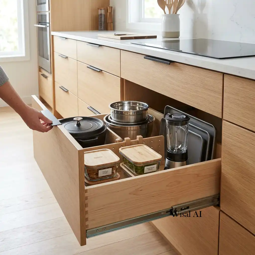 Modern kitchen with deep storage drawers for pots, pans, and cookware.