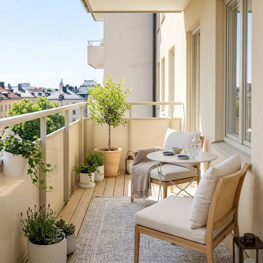 Small balcony decorated with light neutral colors creating a bright and airy atmosphere.