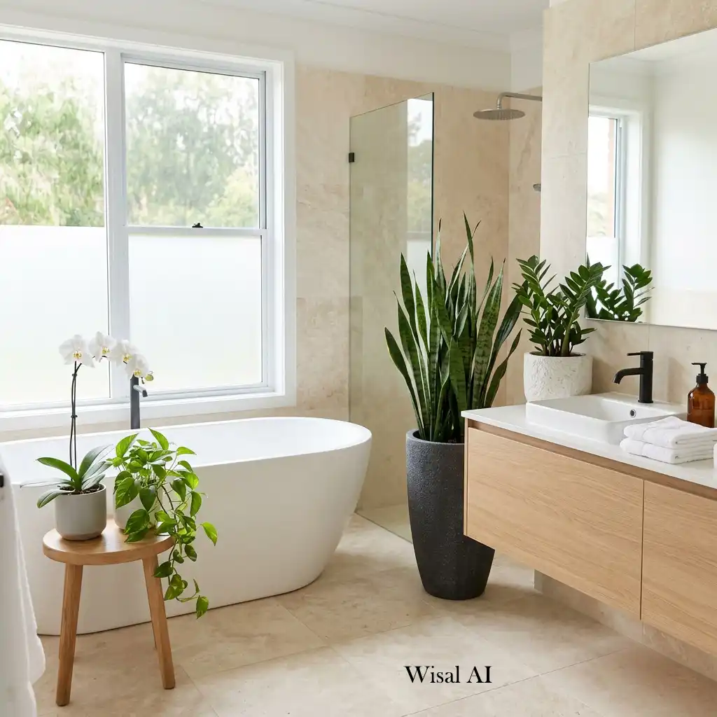 Luxury bathroom filled with lush indoor plants in ceramic planters, creating a fresh and tranquil spa-like atmosphere.
