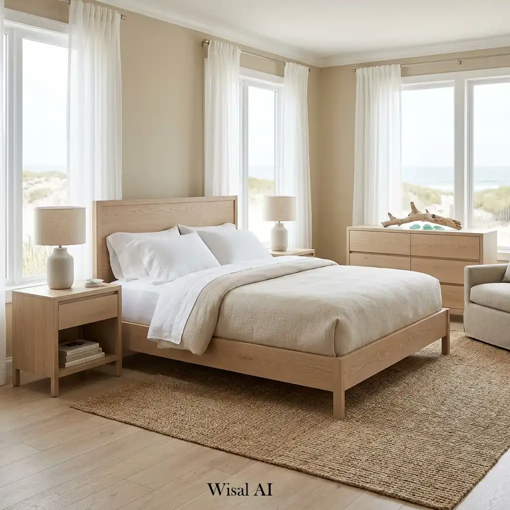 Coastal bedroom featuring elegant white oak furniture and neutral décor.
