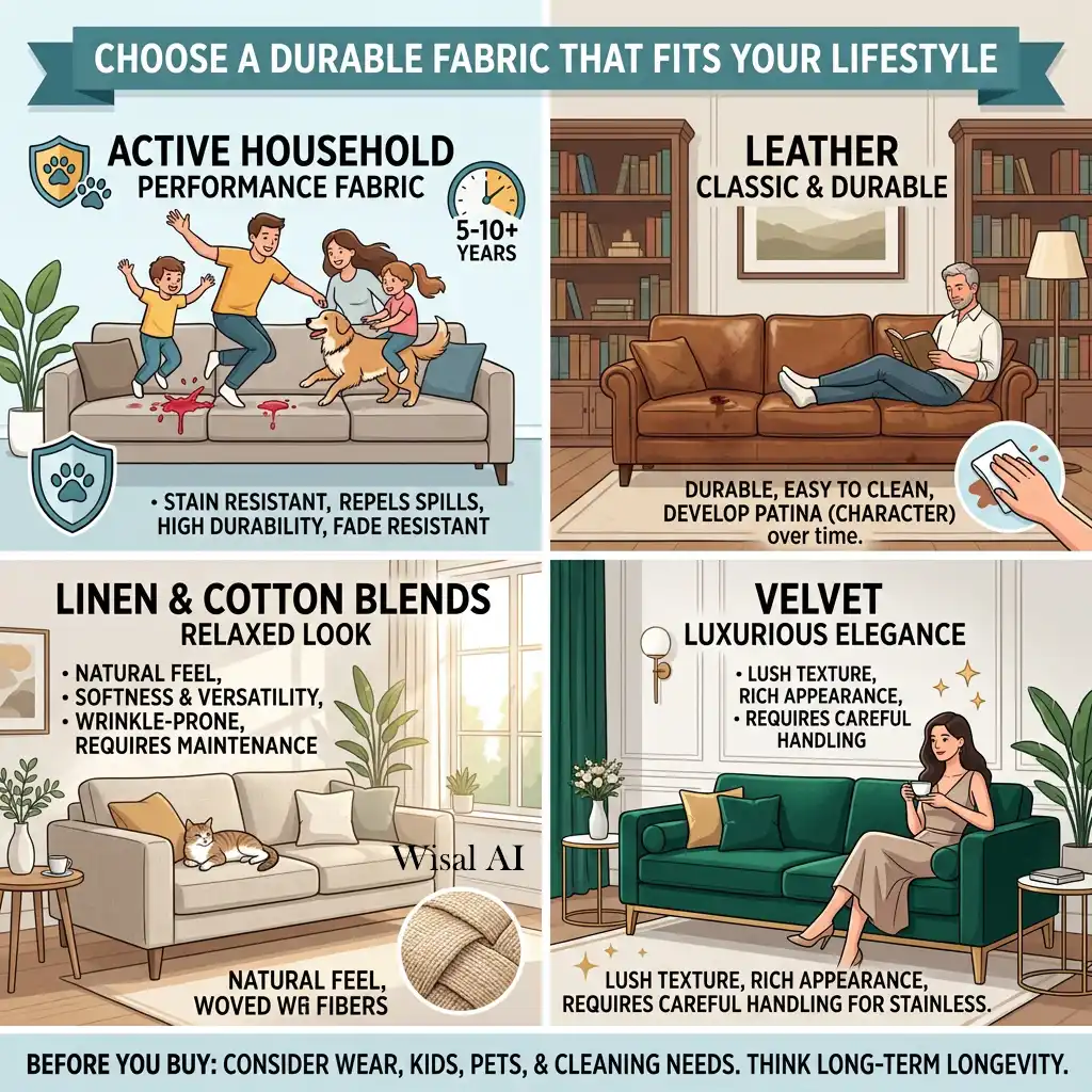 Durable fabric sofa designed for everyday comfort in a stylish family living room.