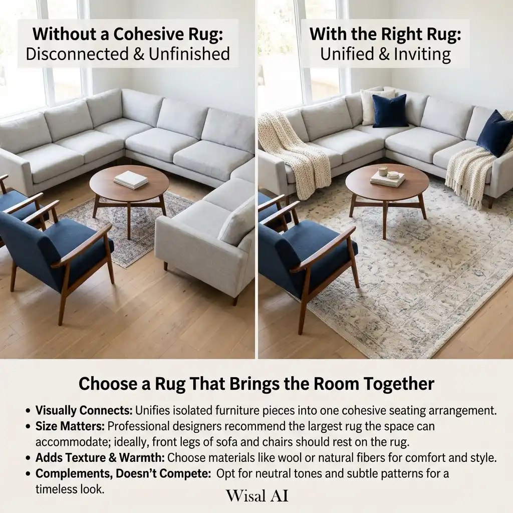 Spacious living room anchored by a large area rug connecting the entire seating arrangement.