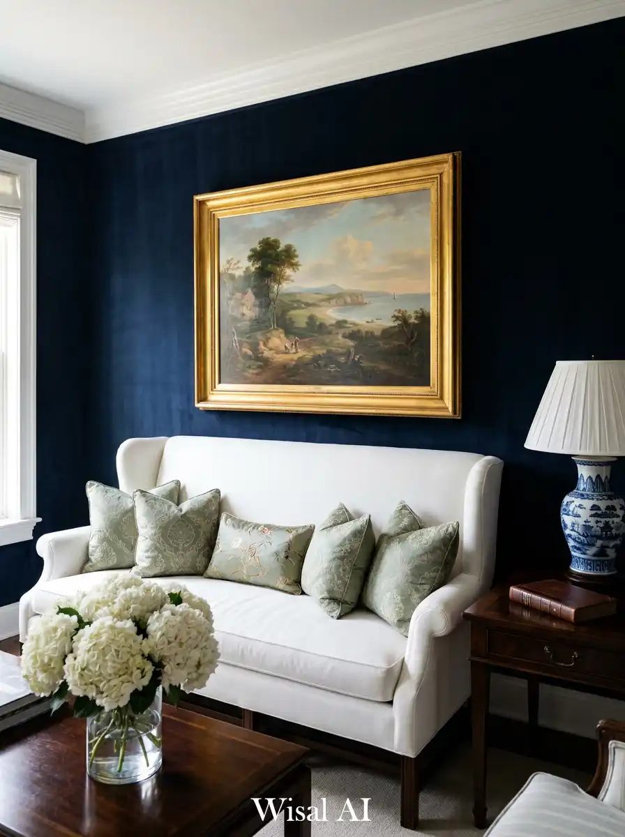 16. Coastal Heritage: Navy Blue and White Living Room