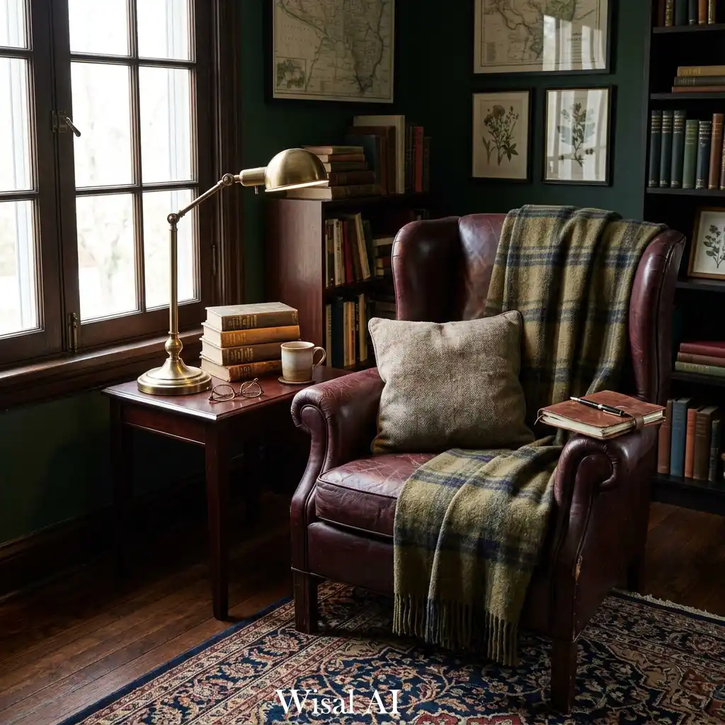 Vintage-inspired dark academia bedroom with framed artwork and rich textures