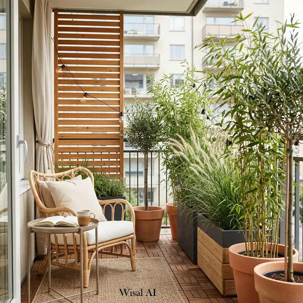 Private small balcony designed with bamboo screens, outdoor curtains, and tall potted plants.