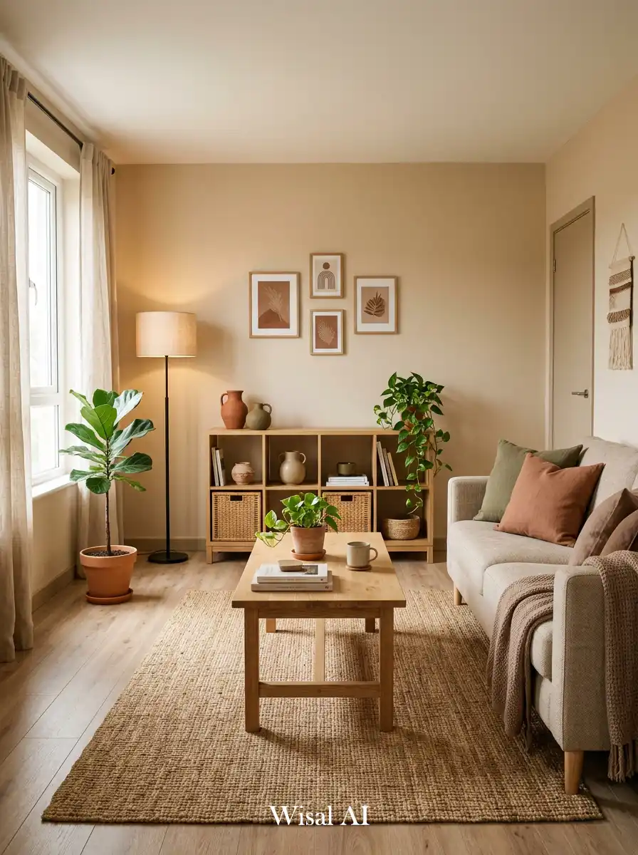 16. Earth-Tone Minimal Living Room on a Budget