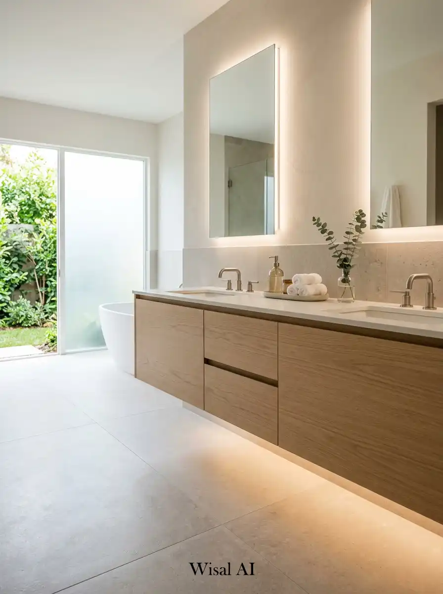 Modern floating bathroom vanity with warm wood finishes soft lighting and minimal spa-inspired interior design aesthetic.