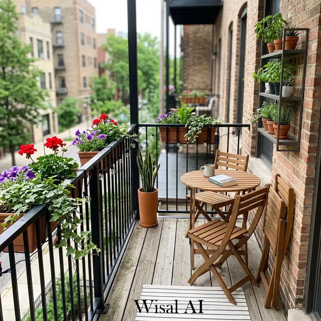 Green balcony with warm ambient evening lighting setup