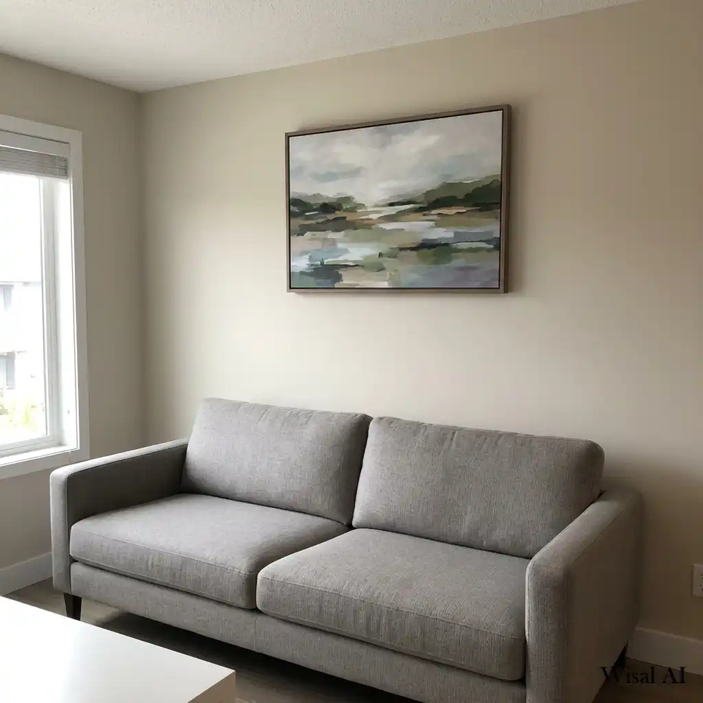 Living room artwork hung too high above the sofa creating poor visual balance.