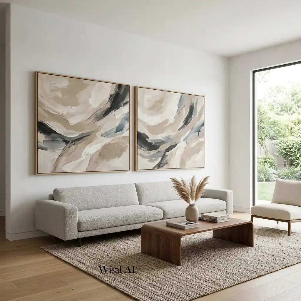 Oversized abstract artwork creating a striking focal point in a luxury living room.