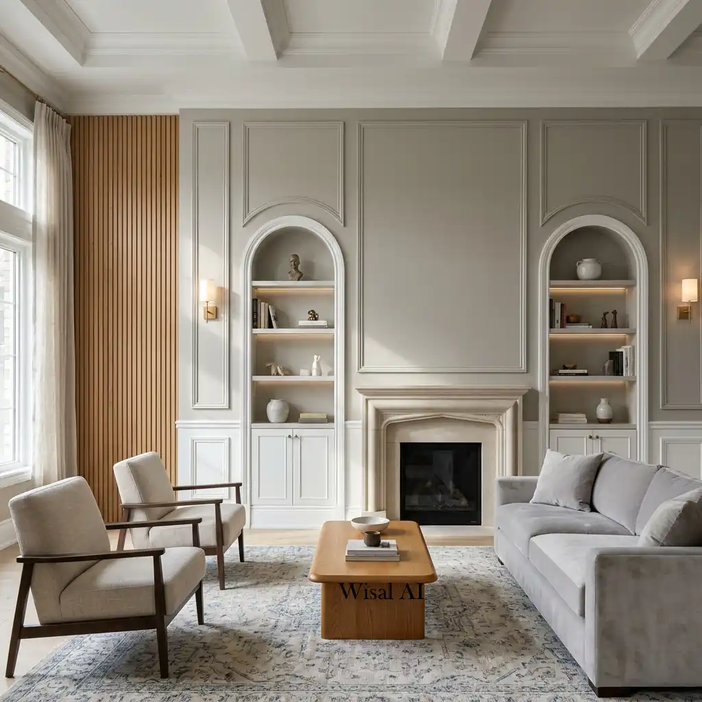 Elegant living room with decorative wall paneling and custom architectural details.