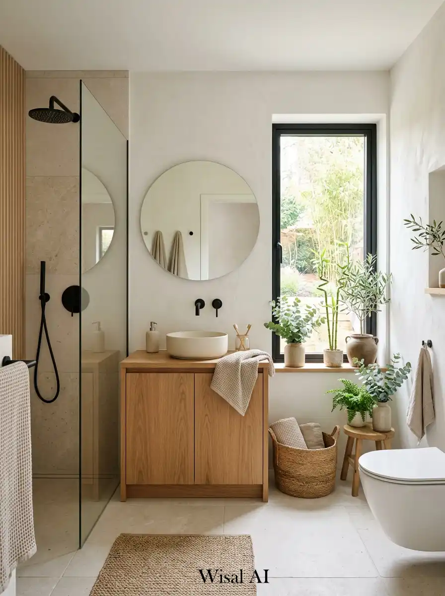 6. Japandi Bathroom with Indoor Plants and Natural Light