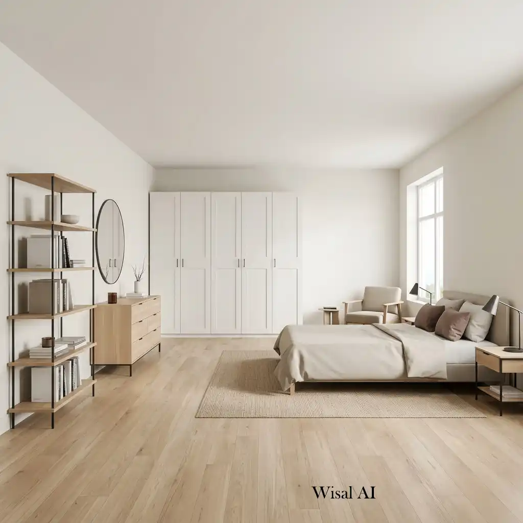Contemporary bedroom with large furniture placed along the perimeter to maximize open floor space.