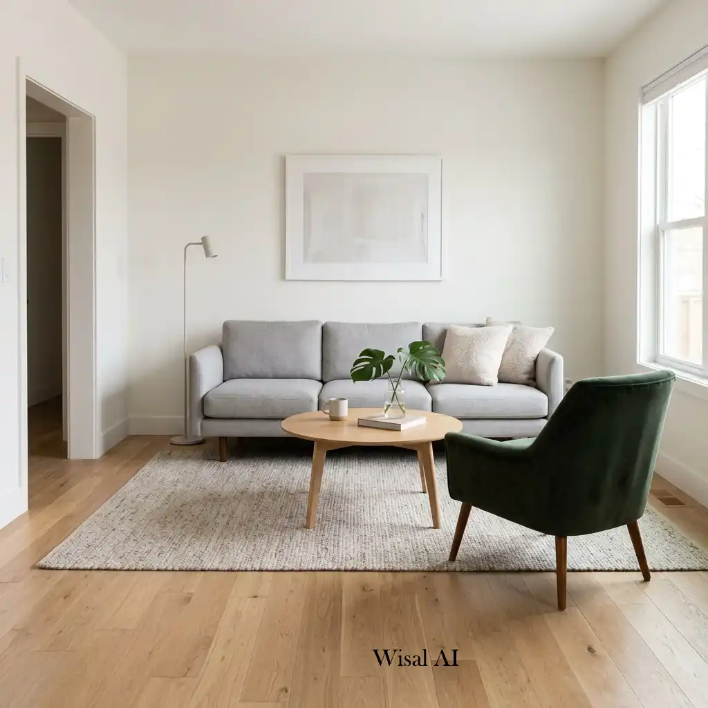 Minimalist small living room featuring a simple furniture arrangement with open walkways.