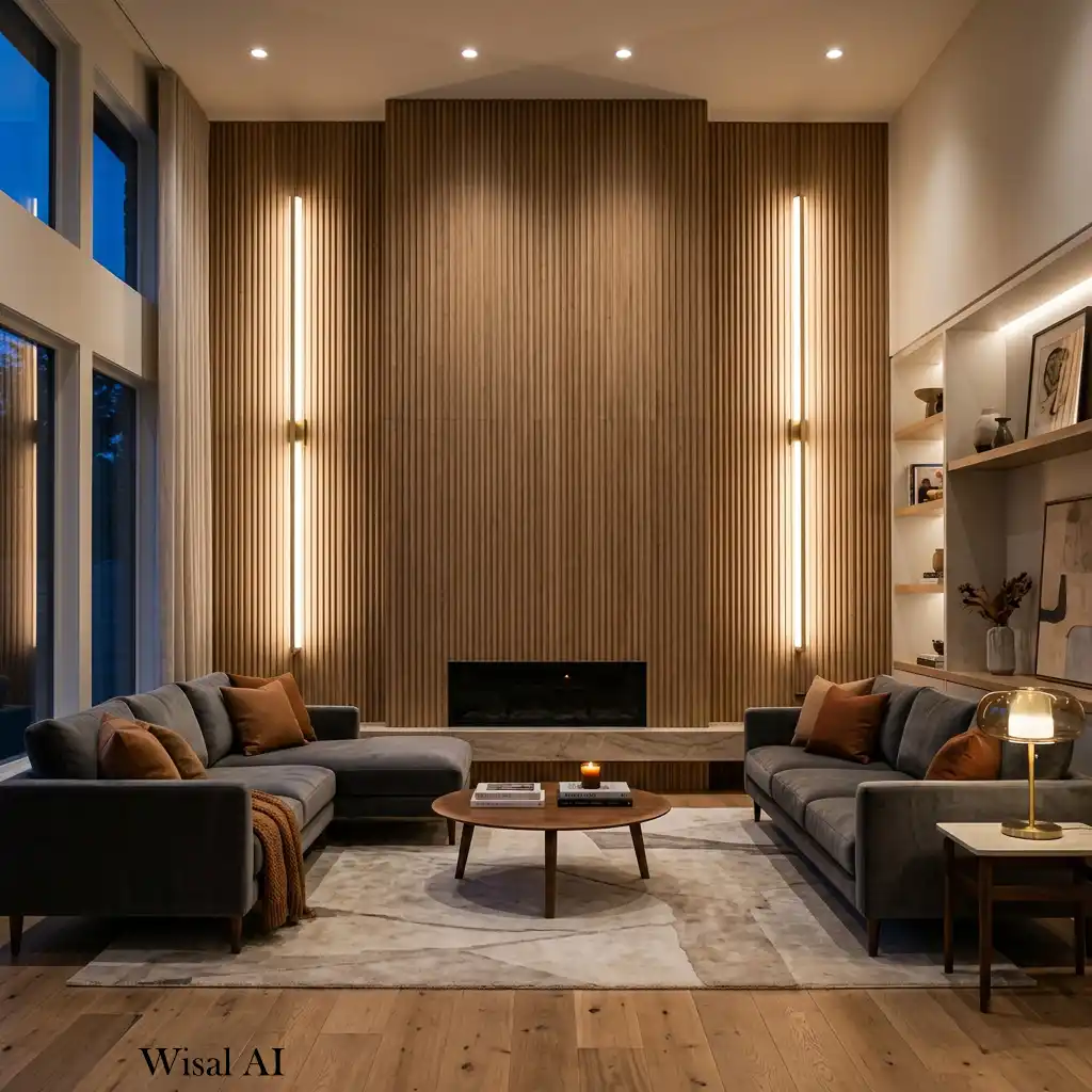 Living room with floor-to-ceiling wall sconces highlighting a textured feature wall.