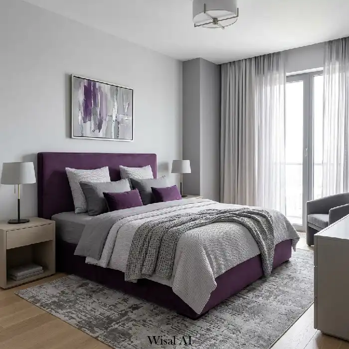 Scandinavian lavender bedroom with light wood furniture and calm neutral tones