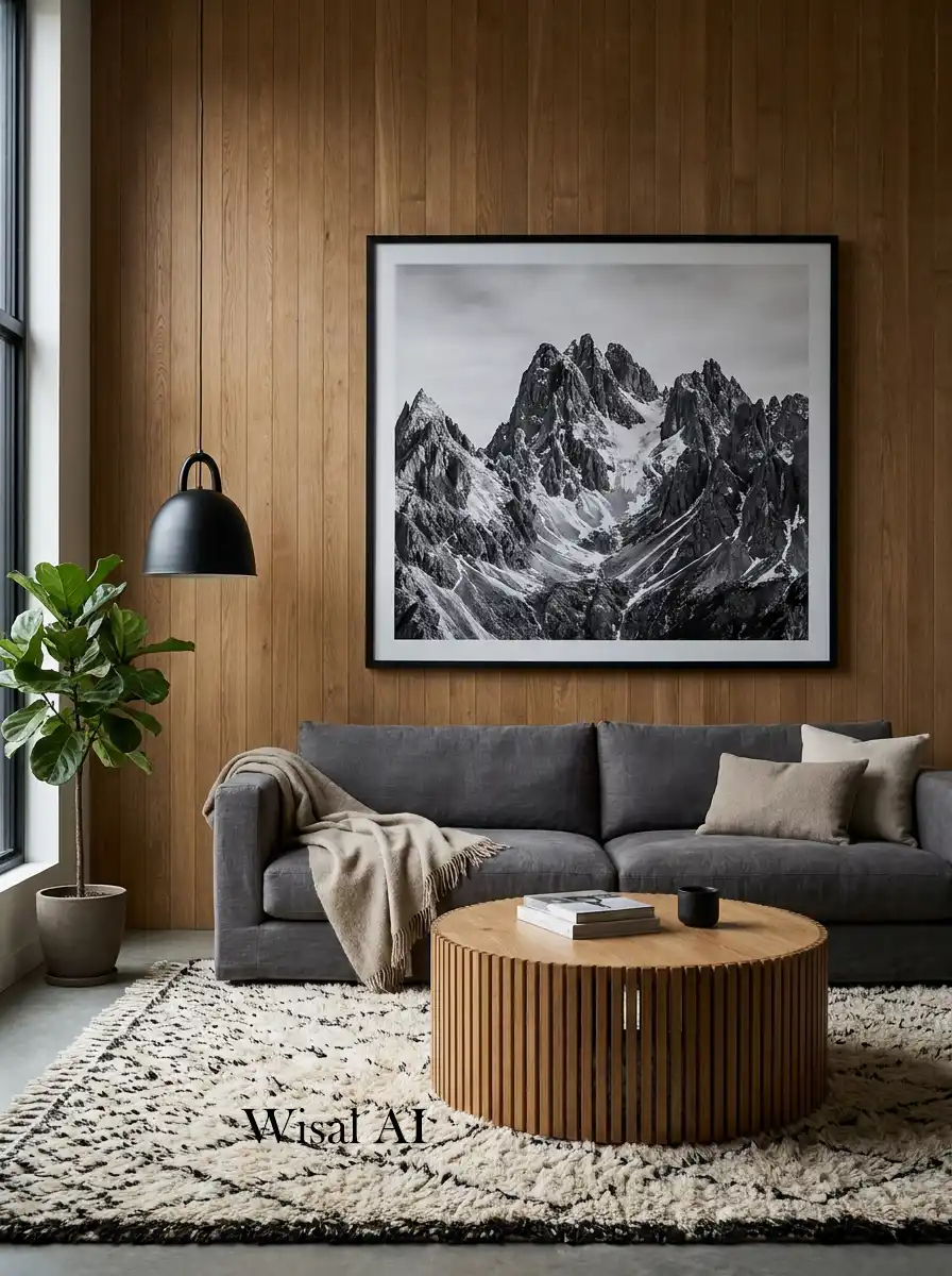 16. Monochromatic Peaks: A Black and Wood Living Room Idea