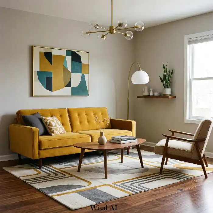 Mid-century modern mustard yellow living room with retro furniture and geometric decor