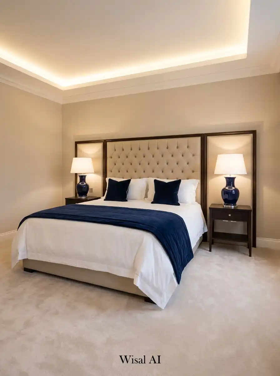 Sophisticated bedroom combining navy blue accents with beige tones to create a luxury hotel inspired elegant interior atmosphere.