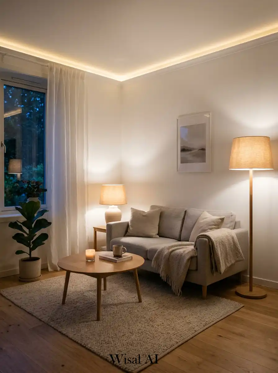 6. Soft Lighting Scandinavian Living Room