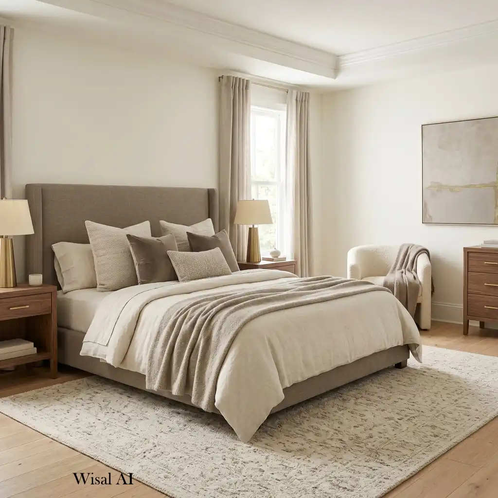 Cozy bedroom decorated with taupe walls and soft cream furniture for warmth.