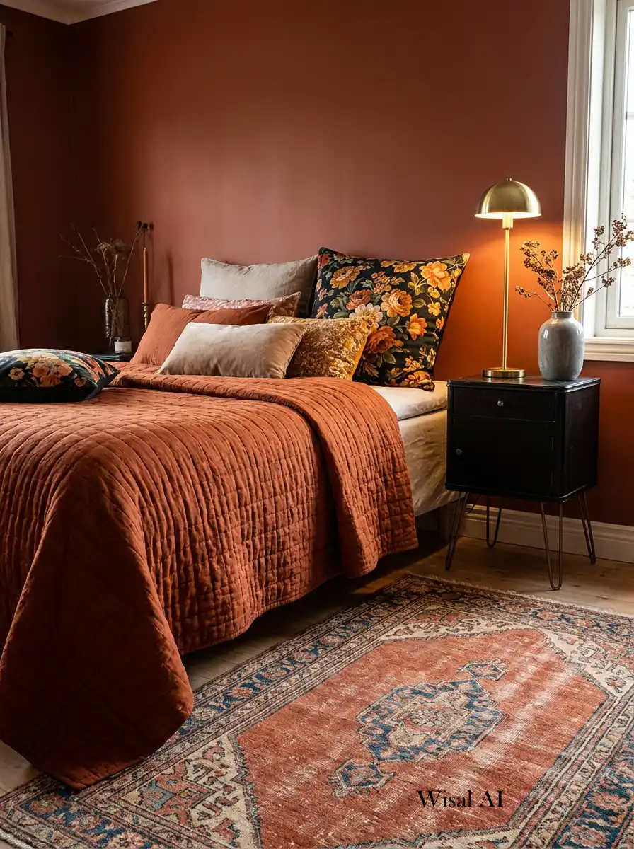 16. The Earthy Maximalist Terracotta Bedroom Idea