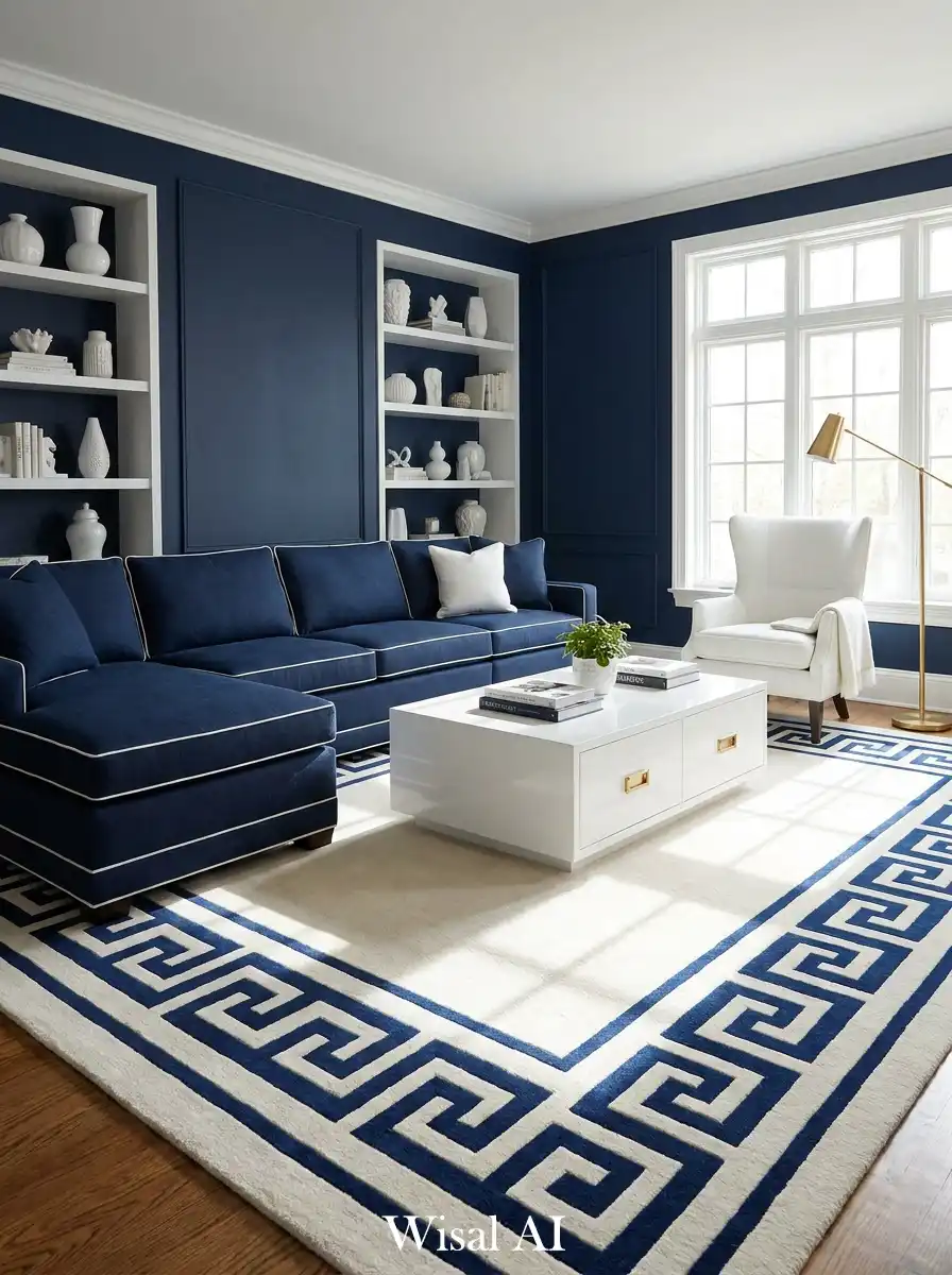 6. The Geometric Modern Navy Blue and White Living Room