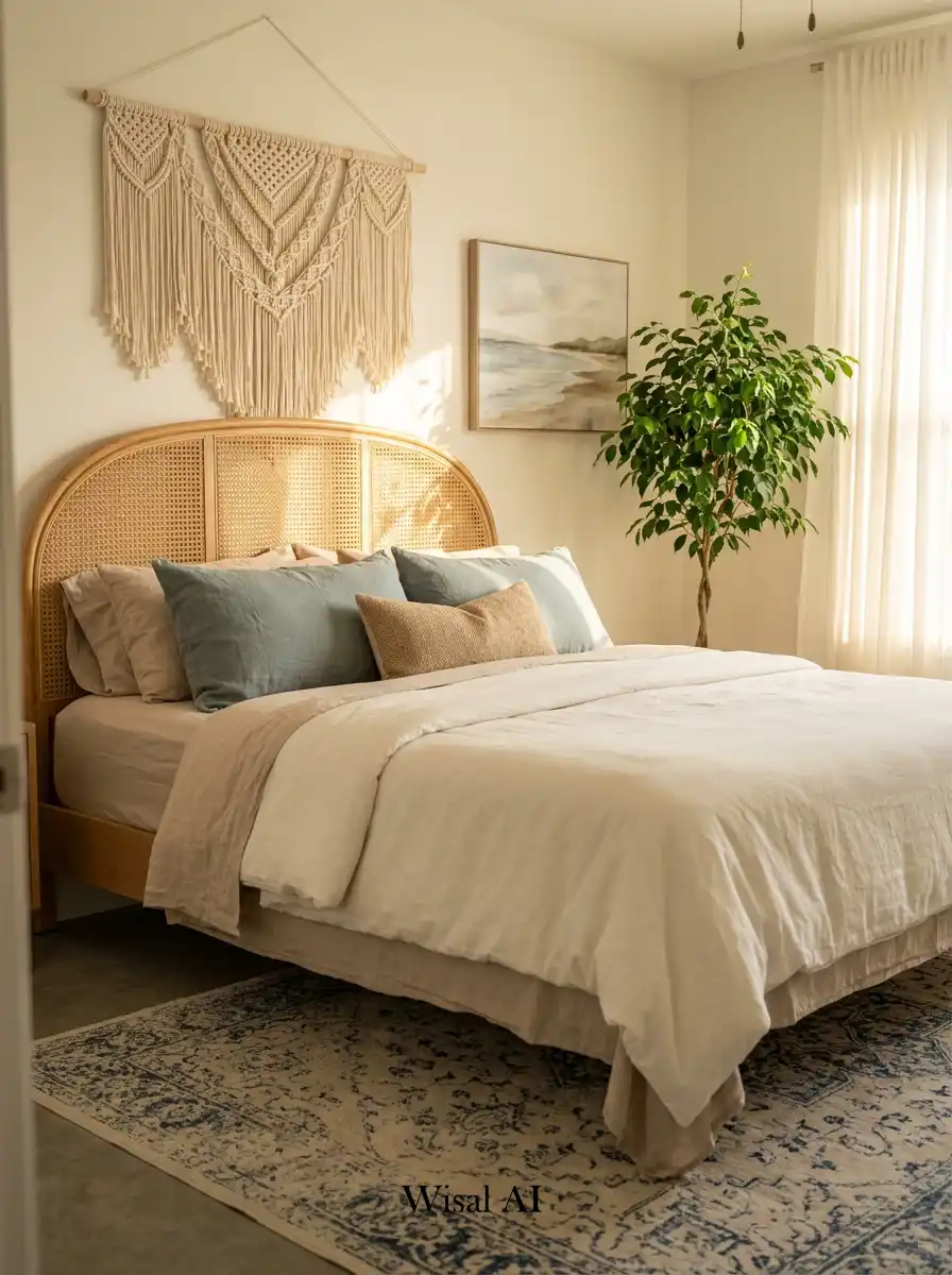 6. Woven Retreat: Airy Coastal Cottage Bedroom Design