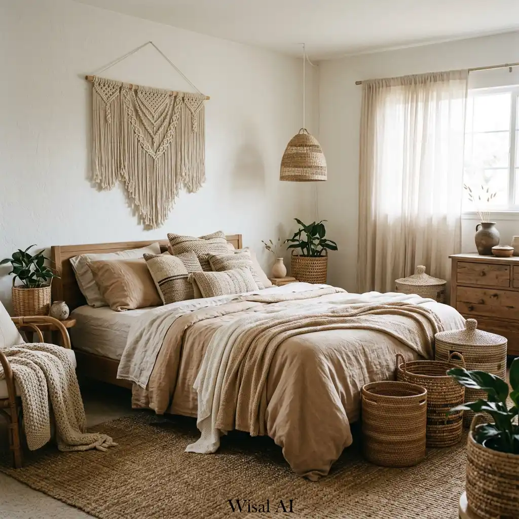 Textured boho bedroom with woven rugs, jute accents, and neutral palette