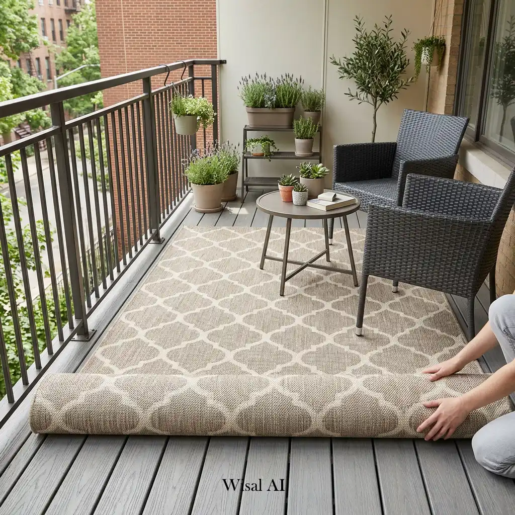 Stylish balcony featuring a weather-resistant outdoor rug defining the seating area beautifully.