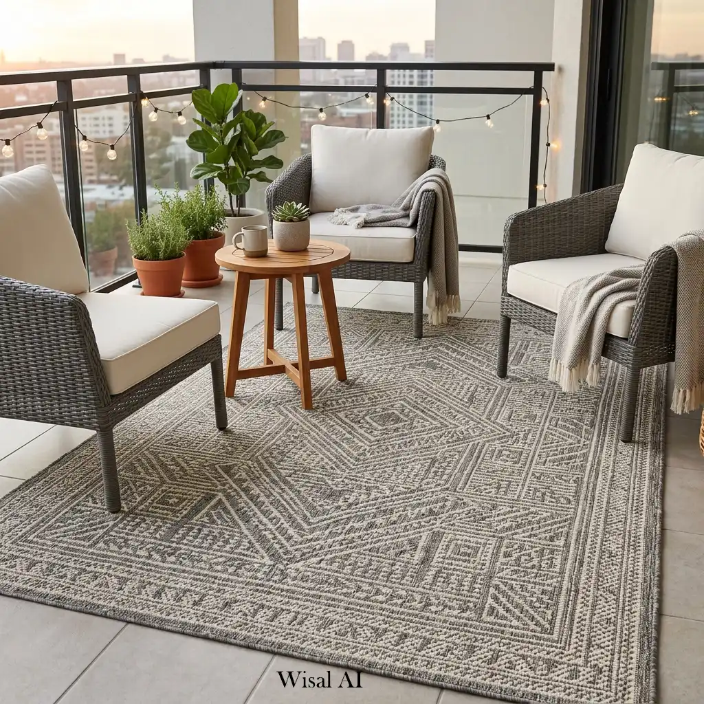 Elegant balcony featuring a weather-resistant outdoor rug that defines the seating area.