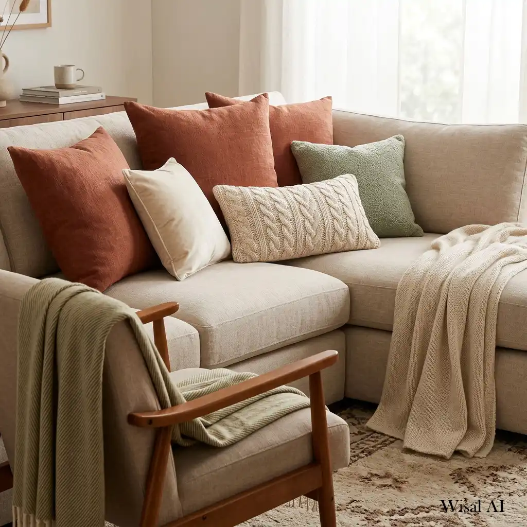 Inviting sofa styled with decorative pillows and cozy throw blankets for everyday comfort.