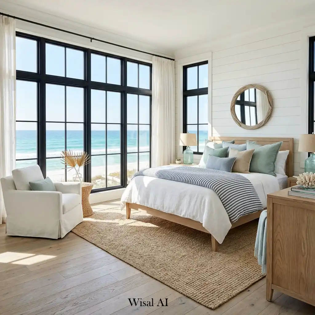 Bright beach house bedroom with oversized windows and abundant daylight.