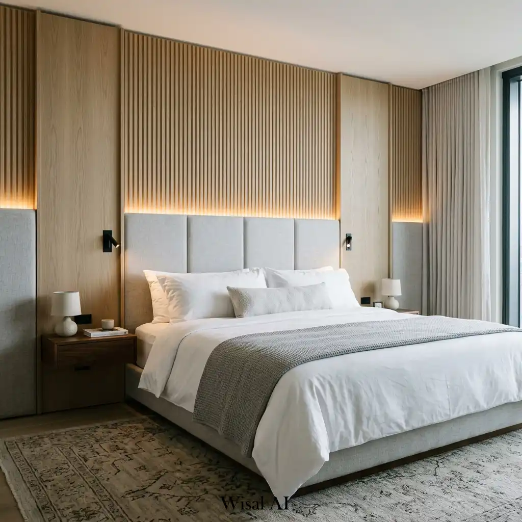 Custom wood feature wall with integrated LED lighting behind the bed.