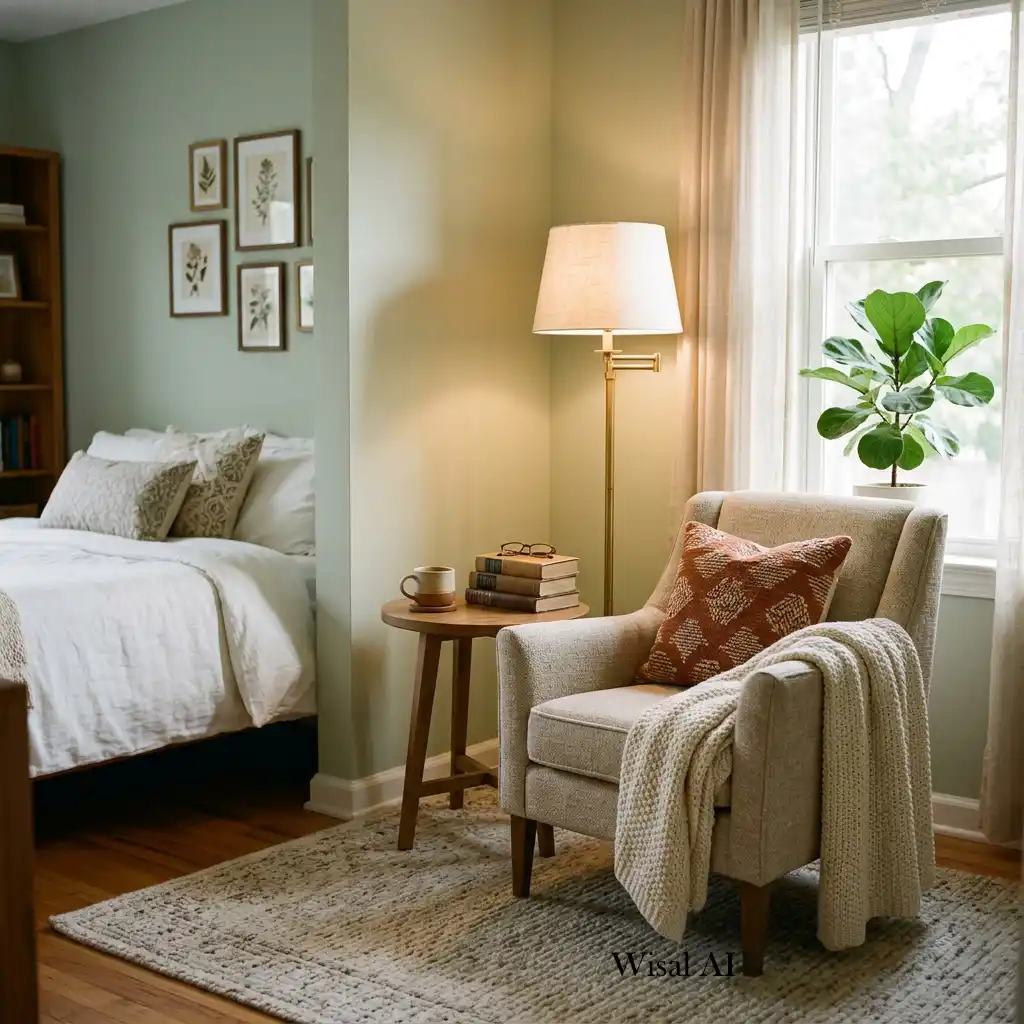 Cozy bedroom reading nook featuring a comfortable armchair, floor lamp, and natural daylight.