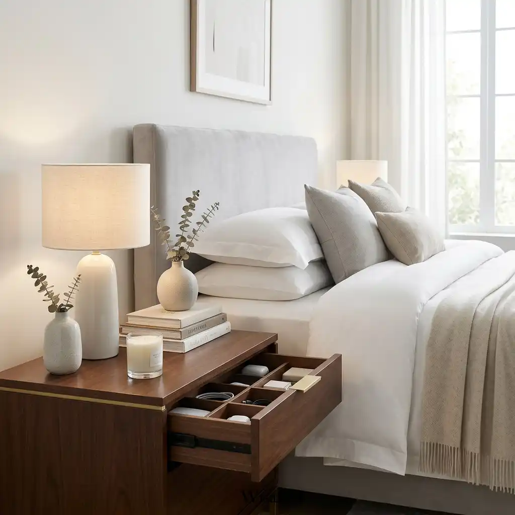 Minimalist bedroom with clutter-free surfaces creating a calm and sophisticated atmosphere.