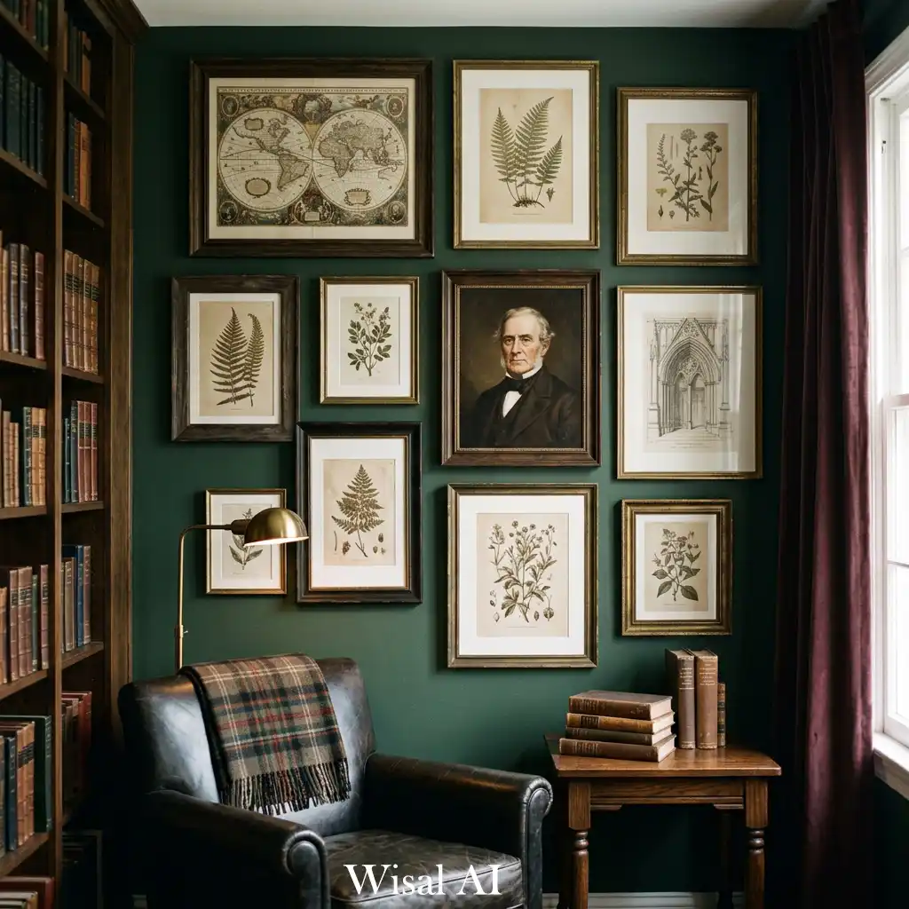 Dark green bedroom walls paired with antique furniture and warm lighting