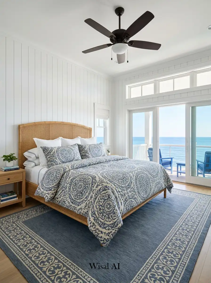 17. Elevated Coastal Cottage Bedroom Luxury with Medallion Prints
